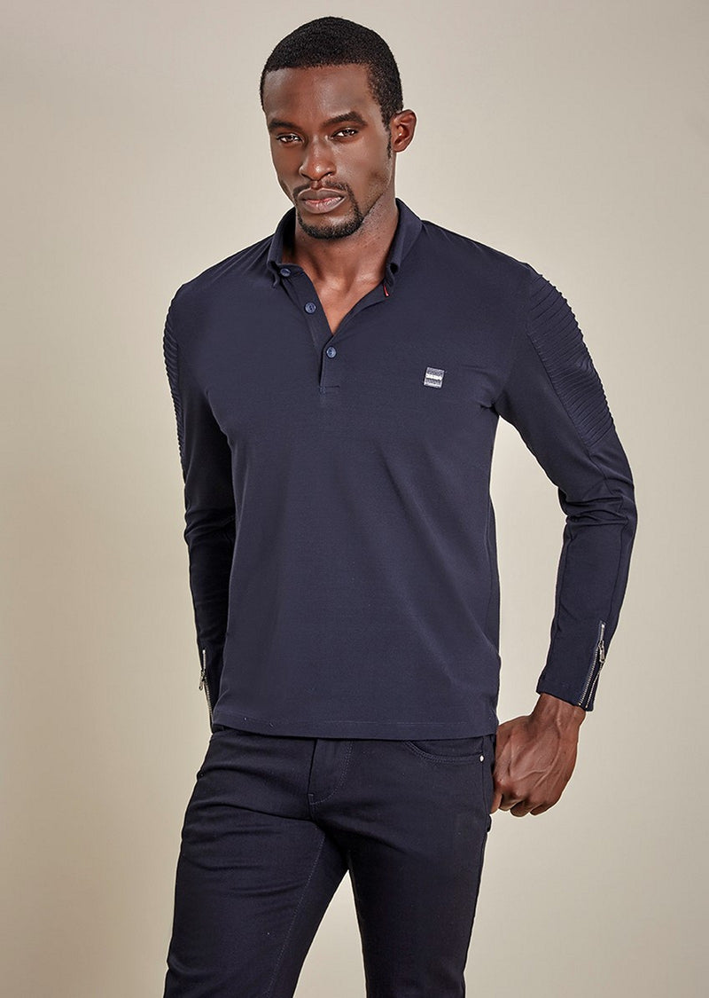 Black Quilted Long Sleeve Polo