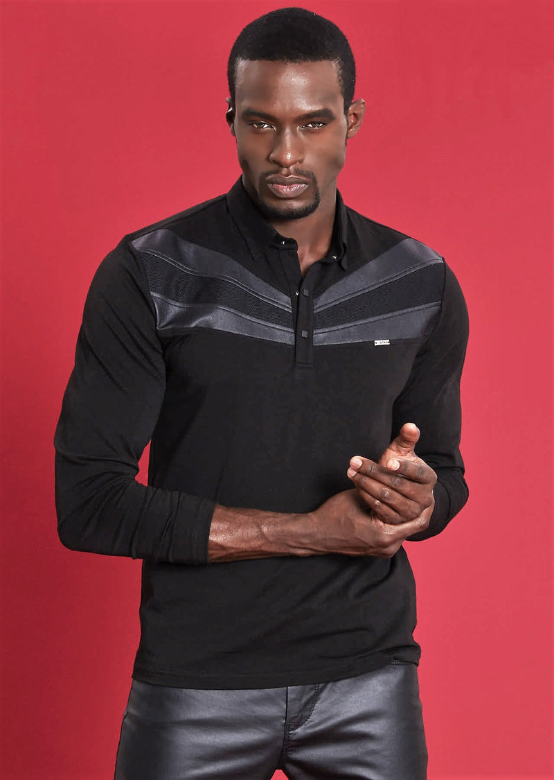 Black Leather Trim Long Sleeve Polo