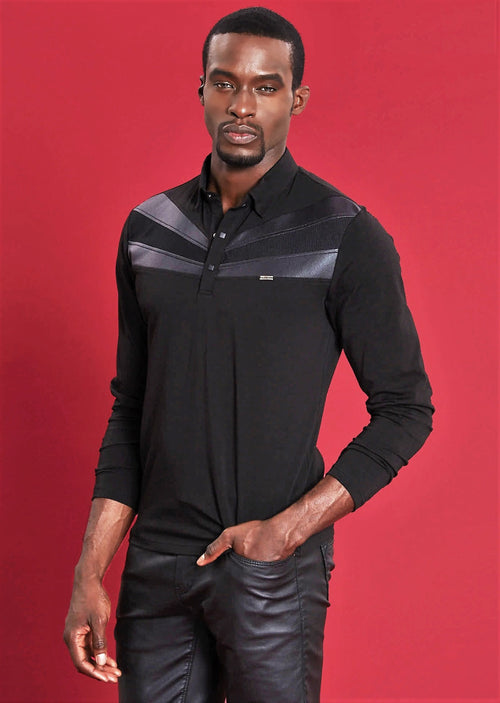 Black Leather Trim Long Sleeve Polo