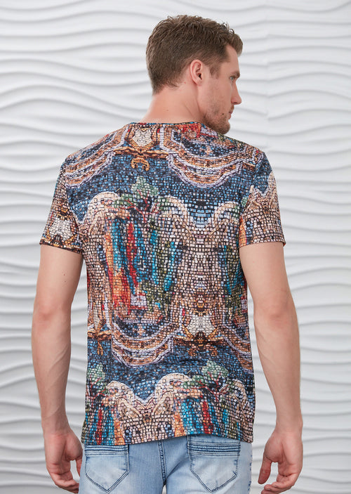 Blue Brown Mosaic Print V-neck Tee