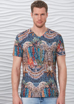 Blue Brown Mosaic Print V-neck Tee