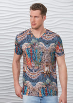 Blue Brown Mosaic Print V-neck Tee