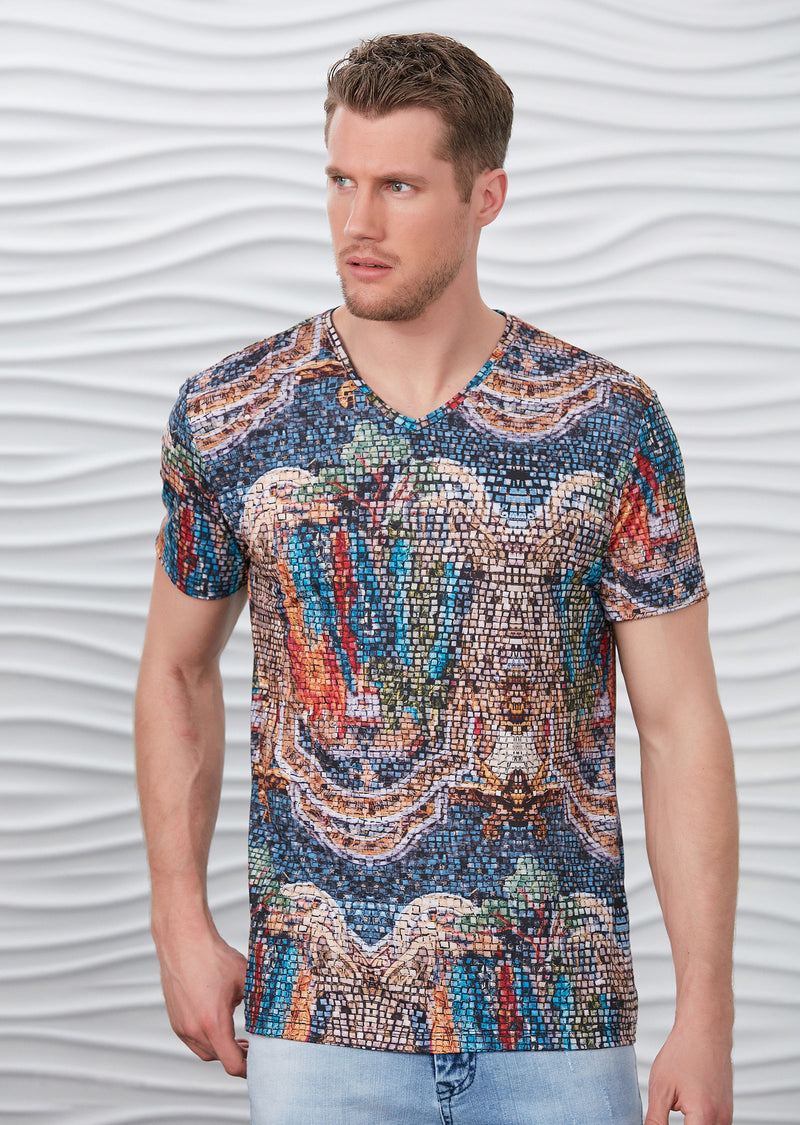 Blue Brown Mosaic Print V-neck Tee