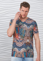 Blue Brown Mosaic Print V-neck Tee