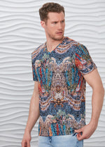 Blue Brown Mosaic Print V-neck Tee