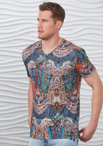 Blue Brown Mosaic Print V-neck Tee