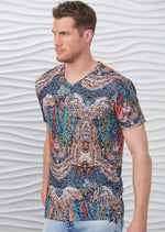 Blue Brown Mosaic Print V-neck Tee