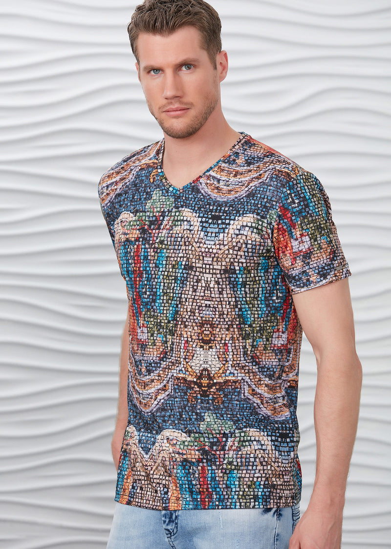 Blue Brown Mosaic Print V-neck Tee