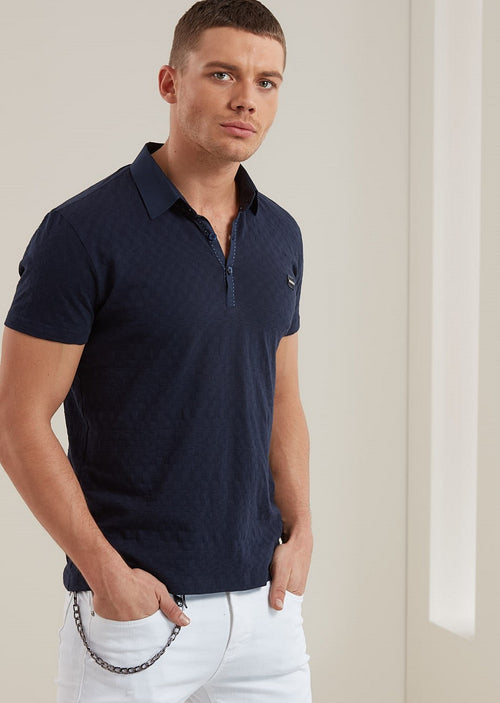 Blue Square Textured Weave Polo