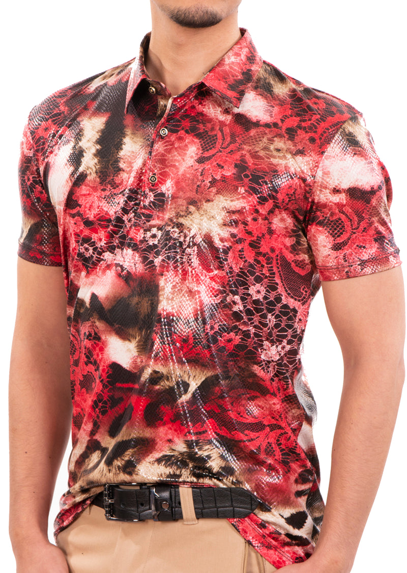 Red "Fire" Spandex Print Polo