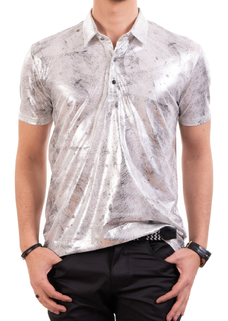 Silver Brushstroke Spandex Print Polo