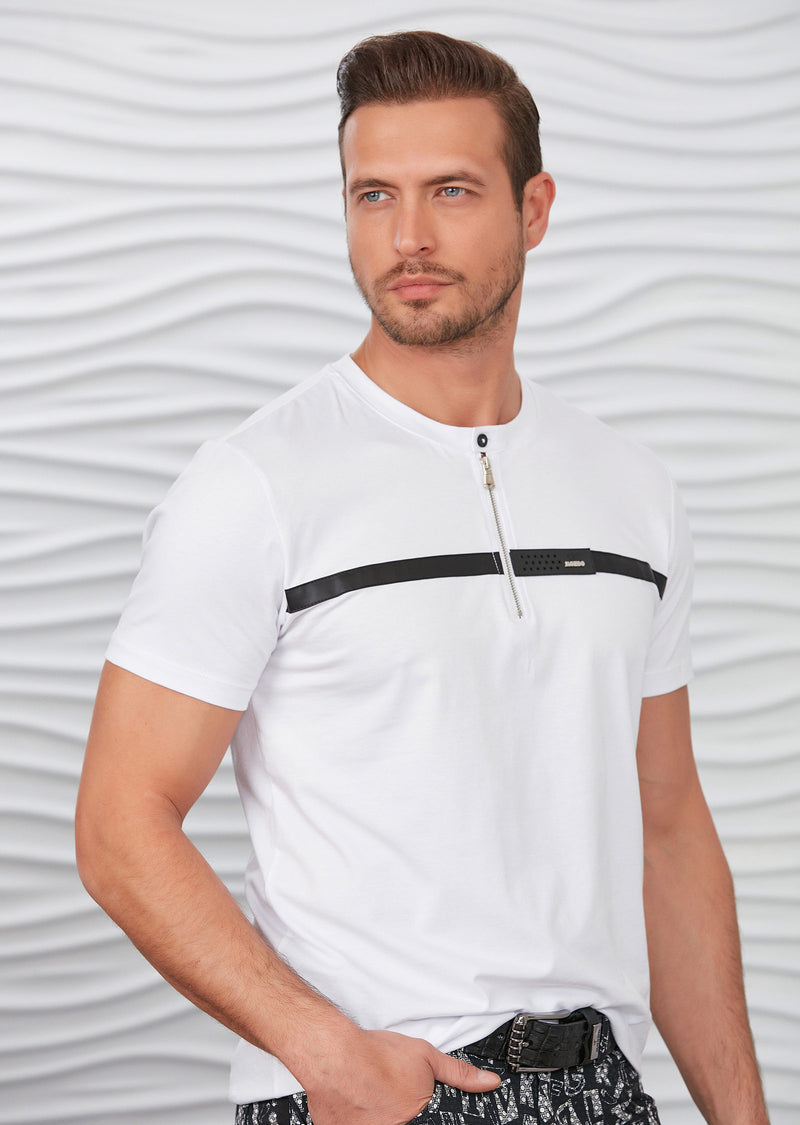 White Leather Trim Zipper Tee