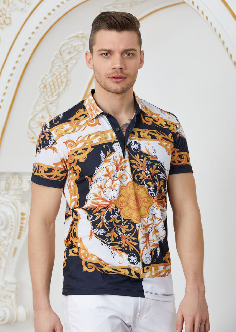 Black Gold "Baroque" Print Polo MONDO Menswear Black Gold "Baroque" Print Polo MONDO Menswear