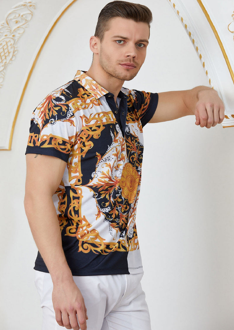 Black Gold "Baroque" Print Polo