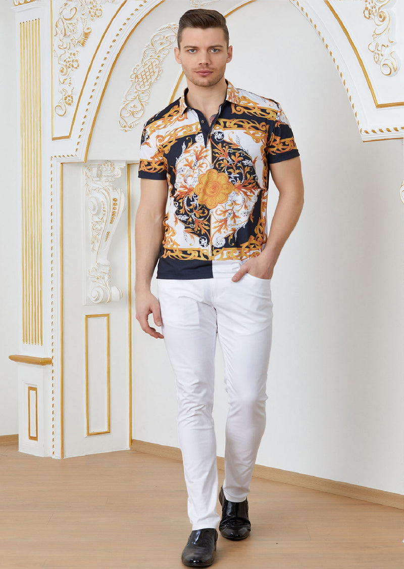 Black Gold "Baroque" Print Polo MONDO Menswear Black Gold "Baroque" Print Polo MONDO Menswear