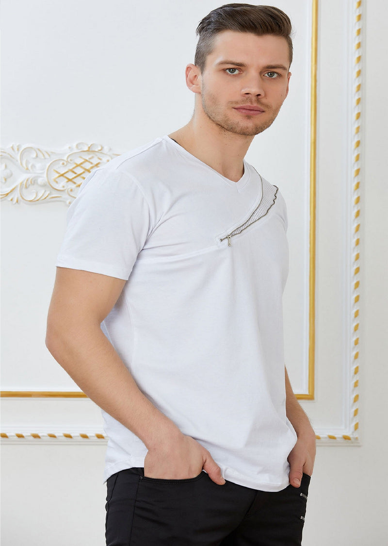 White Mesh Zipper Detailed Tee