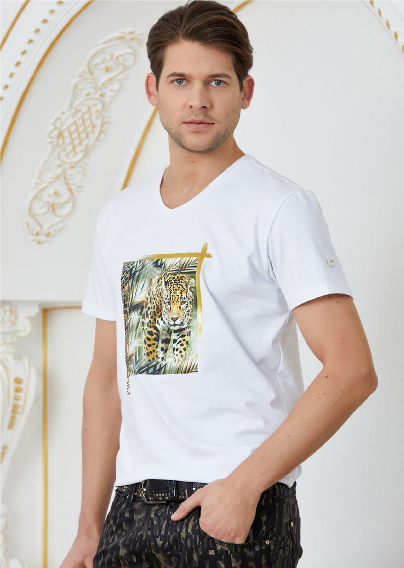 White "Tiger Meander" Rhinestone Tee