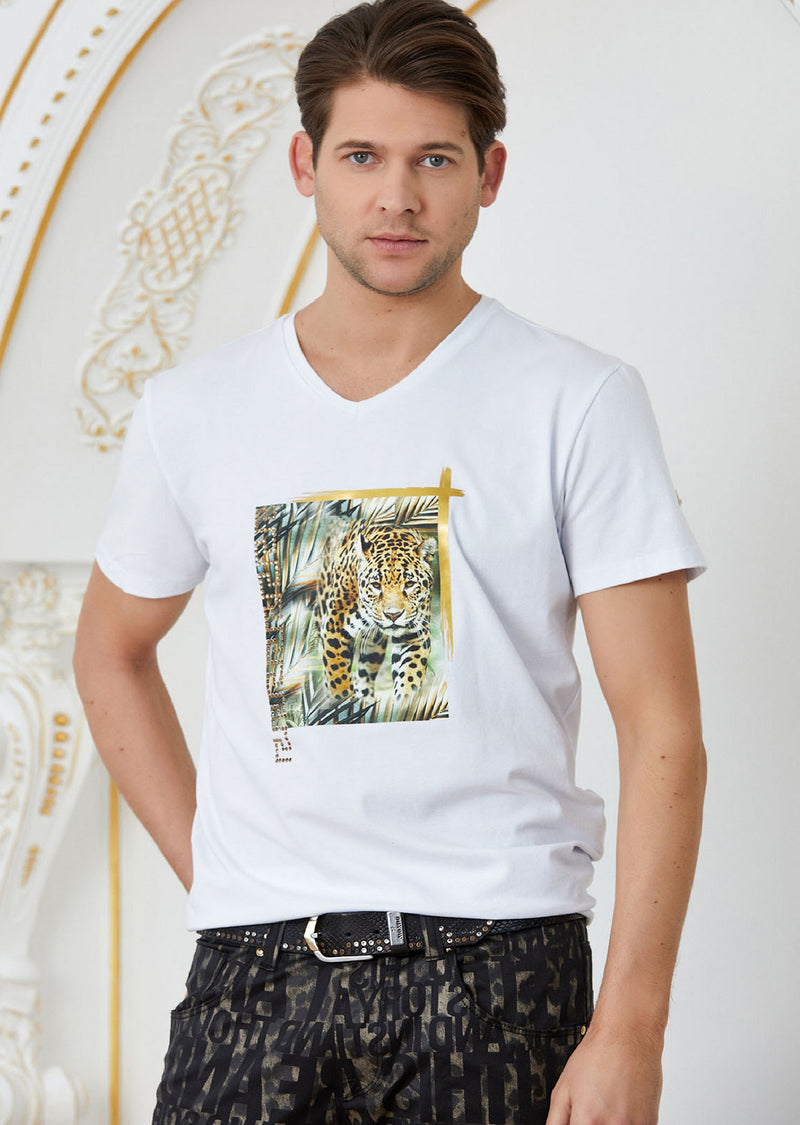 White "Tiger Meander" Rhinestone Tee