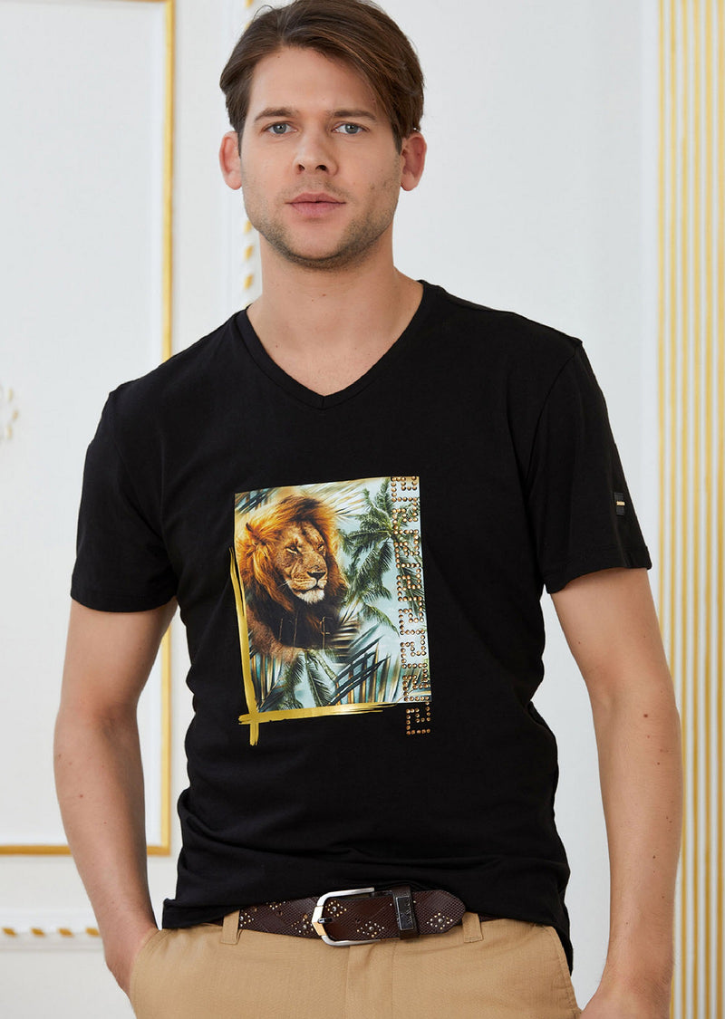 Black "Lion Meander" Rhinestone Tee