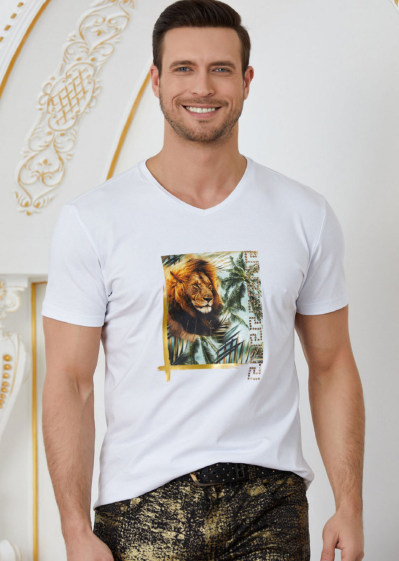 White "Lion Meander" Rhinestone Tee