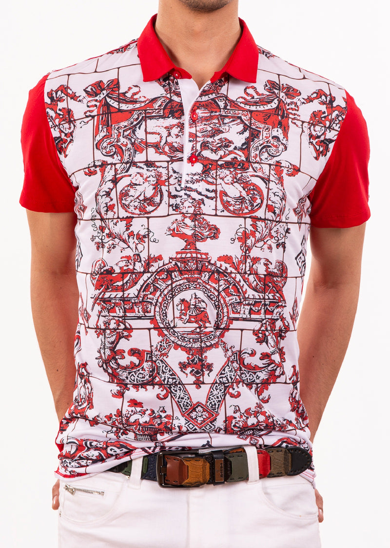 Red Crest Tile Print Polo