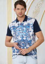 Navy Crest Tile Print Polo