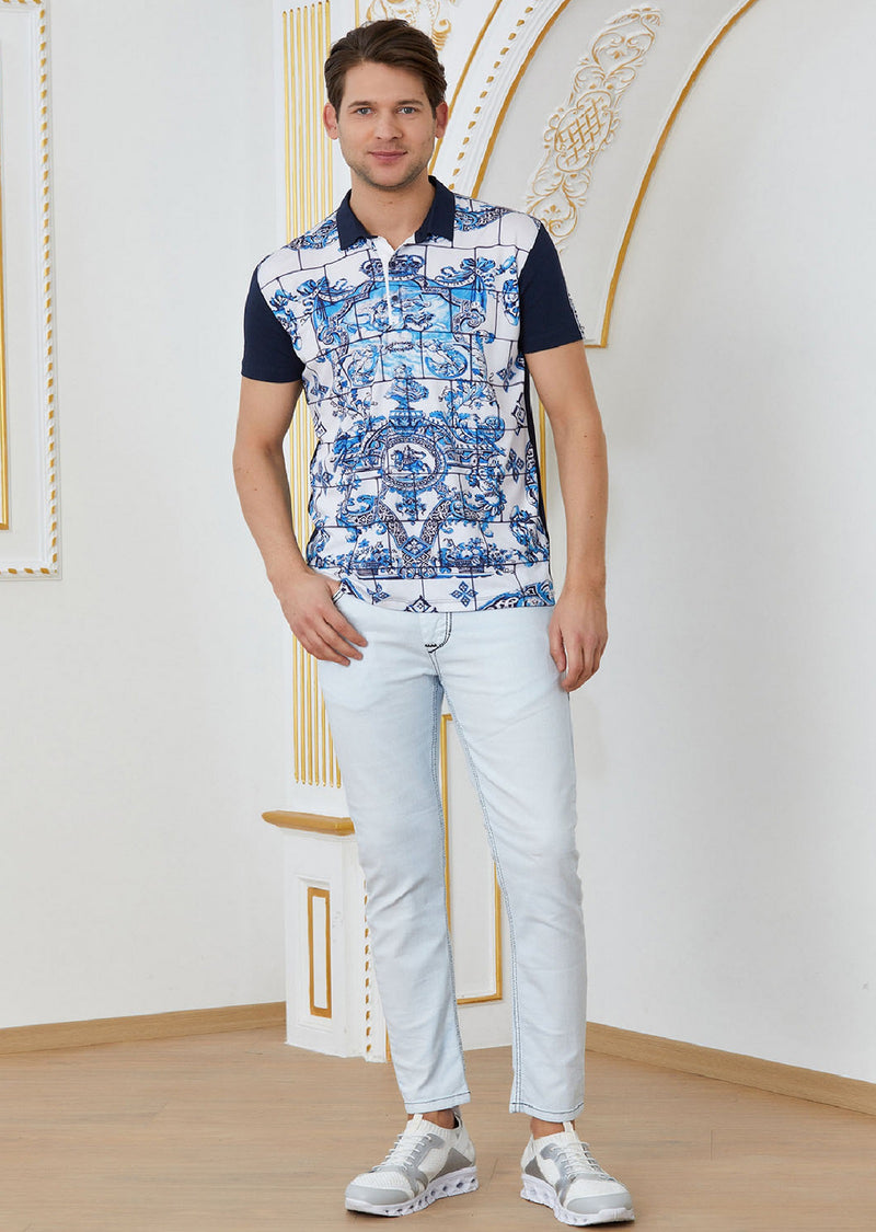 Navy Crest Tile Print Polo