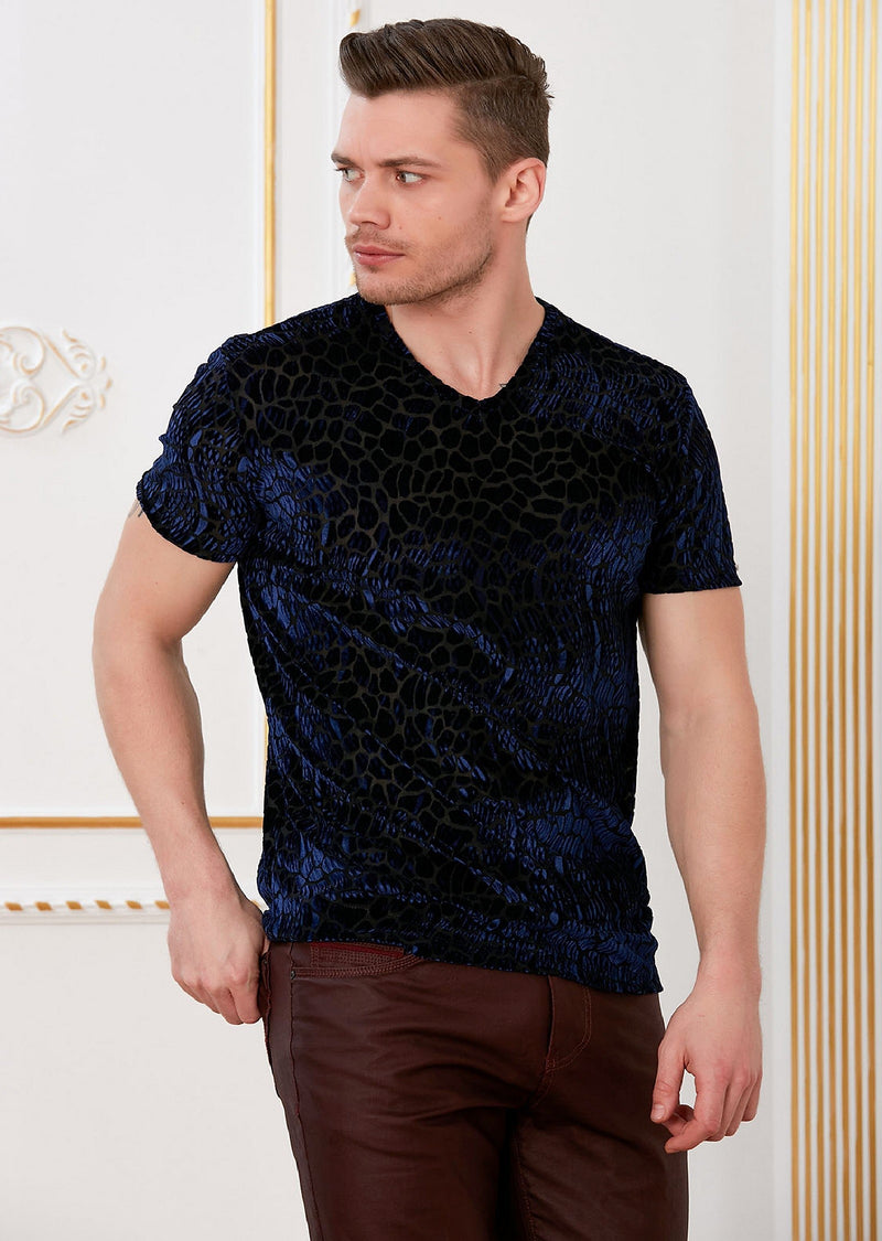 Blue Reptilian Velvet V-neck Tee