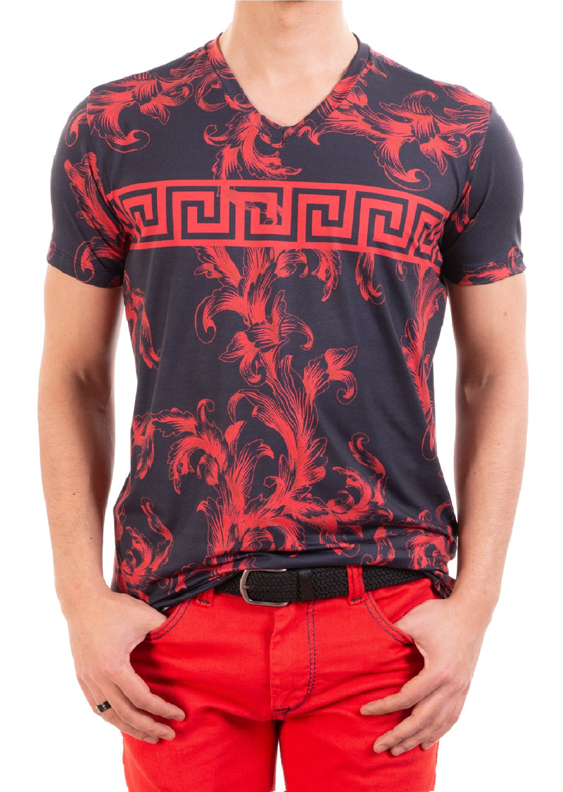 Black Red Barocco Meander Print Tee