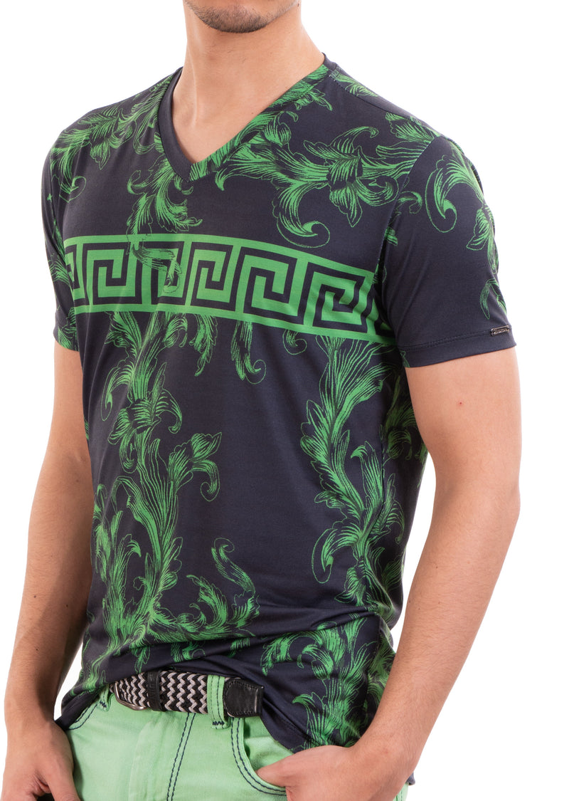 Black Green Barocco Meander Print Tee