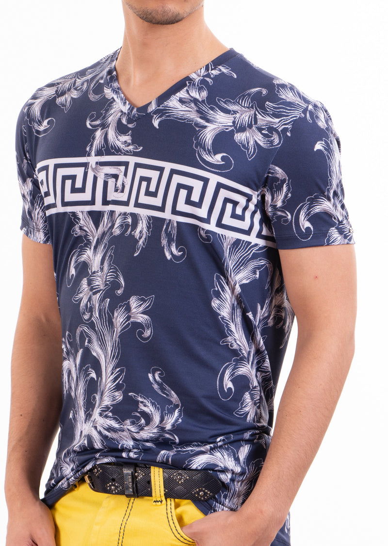 Navy White Barocco Meander Print Tee