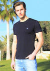 Navy Faux Leather Detailed Crew Neck Tee