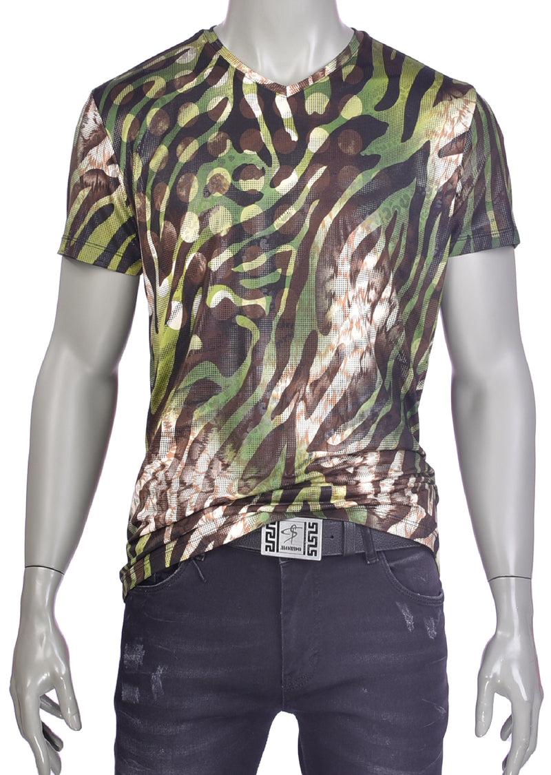 Green Brown "Zebra" Spandex Print Tee