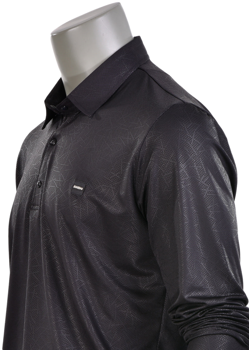 Black Micro Print Long Sleeve Polo